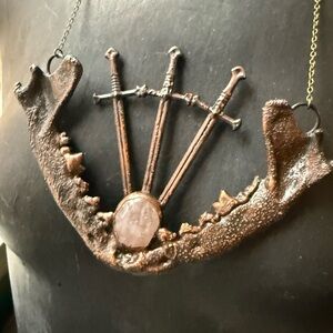 Rose Quartz coyote Jawbone Pendant Necklace electroformed in copper with swords